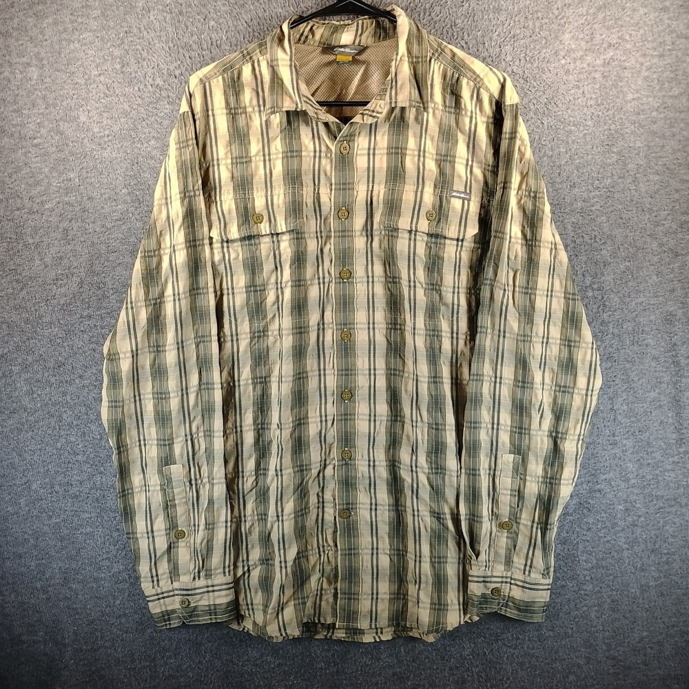 Eddie Bauer Travex Men TM Long Sleeve Button Down Olive Plaid Nylon Fishing